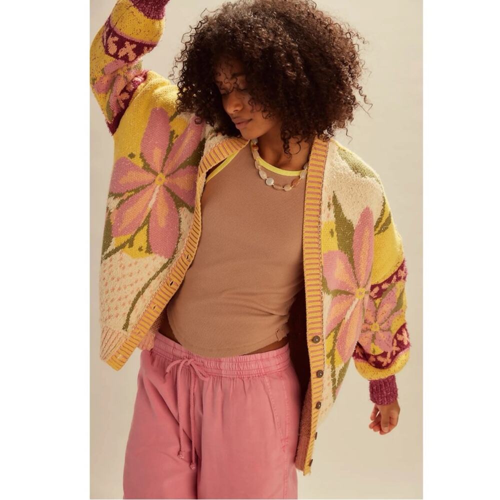 Free People Oversized Bohemian Bali Tropical Garden Cardigan Sweater Size Medium - Picture 7 of 14